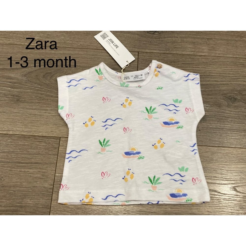 NWT Zara baby girl 1-3 month beach themed short sleeve tshirt